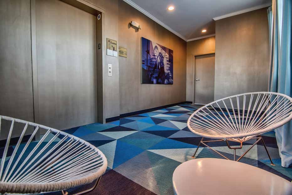Blue apartment lobby after renovation